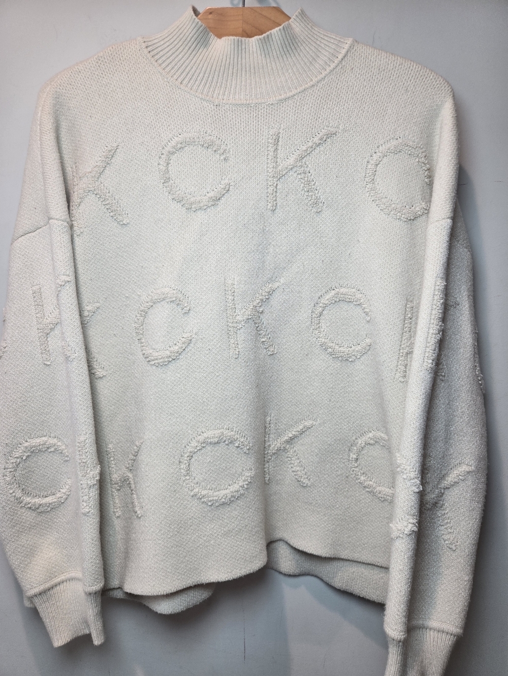 Calvin Klein Sweater Small Women's Heavy Turtleneck Jacquard CK Logo Beige Y2k